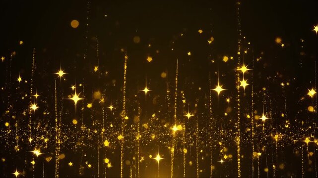 Abstract 4K animation loop of flickering gold stars and particles ascending on a black background.