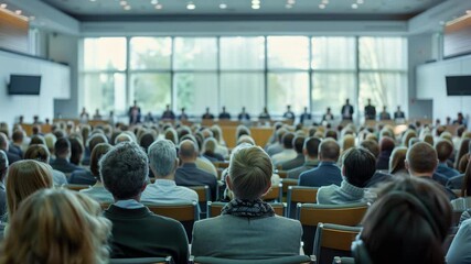 A large group of people seated in a conference hall, attentively listening to a speaker or presentation. - Powered by Adobe