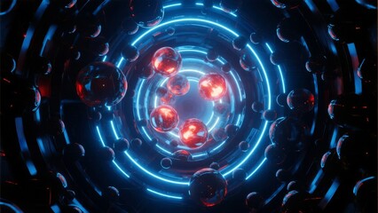 Neon-lit tunnel with glowing red orbs and circular light patterns in a futuristic sci-fi environment