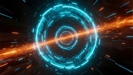 Digital tunnel with glowing blue rings and streaks of light, creating a futuristic portal effect