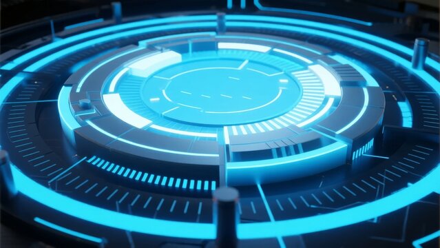 Futuristic circular interface with glowing blue lights and digital elements - Powered by Adobe