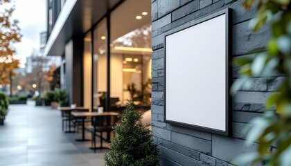 黒いレンガ壁のミニマルな屋外サインモックアップ：シンプルな黒枠と都会の街路