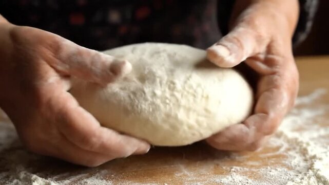 Hands kneading fresh dough with flour on a wooden table for baking bread or pastries traditional homemade cooking process