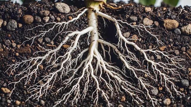 Detailed close-up of plant roots spreading through the dark soil nature.