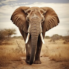 Obraz premium Majestic African Elephant with Large Tusks Walking Tods the Camera in the Savannah