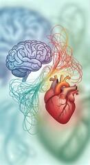 Brain and Heart Connection with Colorful Wires Representing Thoughts and Emotions.