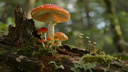 Red-capped mushrooms growing on a moss-covered log in a forest