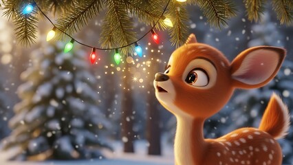 Cute cartoon deer looking up at Christmas lights in a snowy forest fawn animated