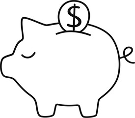 Simple line art illustration of a piggy bank with a dollar coin, symbolizing savings, financial planning, and investment for future wealth.