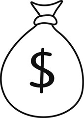 Hand Drawn Money Bag with Dollar Sign Icon. Simple Outline Illustration of Wealth and Finance Symbol.