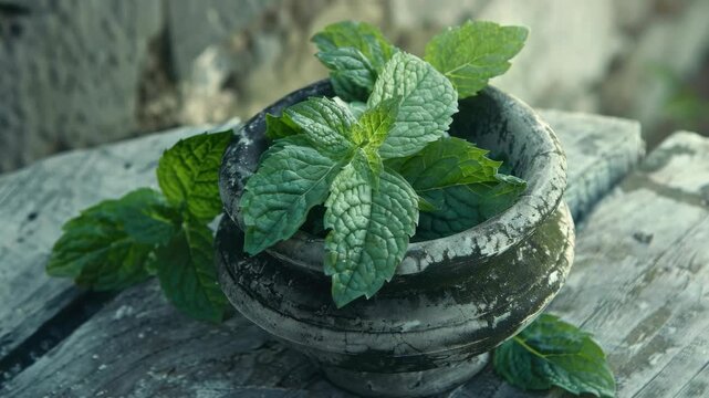 A small bowl with green mint leaves in it