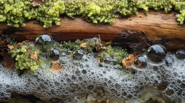 Detail of water cascading over a fallen log, creating miniature rapids and bubbles, dynamic texture