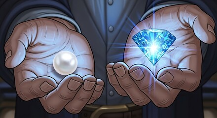 Hands holding a pearl and a diamond, representing choice and value image photo