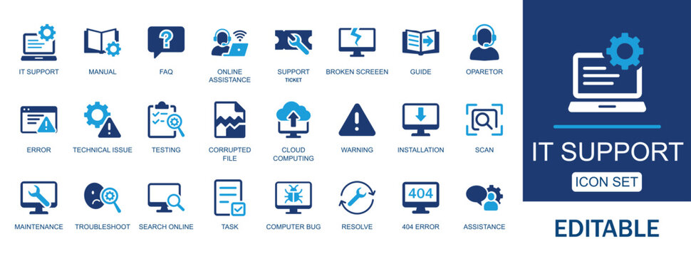 IT Support solid Icon Set. Features icons of computing, icon, FAQ, operator, resolve, scan, task and guide. Perfect for help desks, software apps, and maintenance guides.
