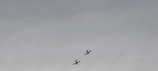 Obraz premium Propeller aircraft flying in close formation under gray sky, with a bird visible between them. Conceptual image contrasting mechanical flight and natural movement, highlighting themes of aviation.