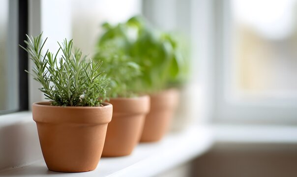 a sunny kitchen windowsill. Feature several small terracotta pots holding common green herbs like fresh sage, rosemary, and basil - Powered by Adobe