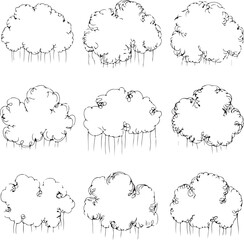 Fototapeta premium Hand-Drawn Cloud Illustration Set Featuring Sketch-Style Puffy Clouds, Dripping Rain Effects, and Cartoon Weather Elements in Black Vector Line Art