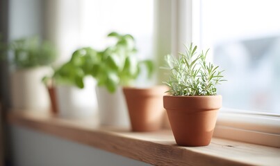a sunny kitchen windowsill. Feature several small terracotta pots holding common green herbs like fresh sage, rosemary, and basil