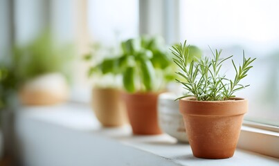 a sunny kitchen windowsill. Feature several small terracotta pots holding common green herbs like fresh sage, rosemary, and basil