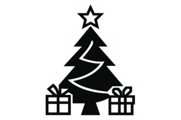 Christmas tree silhouette symbol with star and gifts, celebrating winter holidays and festive season, transparent background
