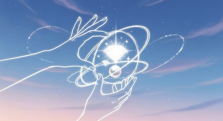 Stylized hands outline holding a glowing diamond and pearl in a celestial setting drawing illustration