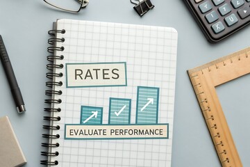Notebook with rates and performance graph on desk