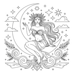 Moon Goddess Sitting Among Stars – Celestial Fantasy Coloring Page