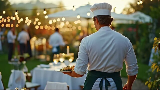 Chef in white uniform and hat holding plate of food during golden hour outdoor event with blurred guests and string lights in background during sunset with warm atmosphere