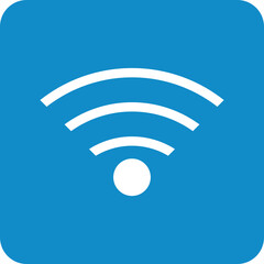 White Wi-Fi signal icon on a blue rounded square background, symbolizing wireless internet connectivity and network access