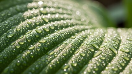 Close-up of a green leaf with dew drops in morning sunlight