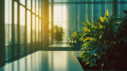 Sunlit office greenery modern desk glass window morning light reflection plant minimal workspace calm work environment blends with office technology to inspire focus and comfort for daily tasks