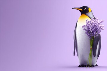Naklejka premium A stylized penguin holds a bouquet of purple flowers against a gradient purple background
