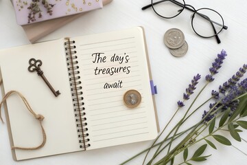 Open journal with a key coins and lavender on a white desk