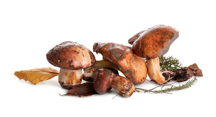 Fresh mushrooms and autumn leaves isolated on white background, closeup
