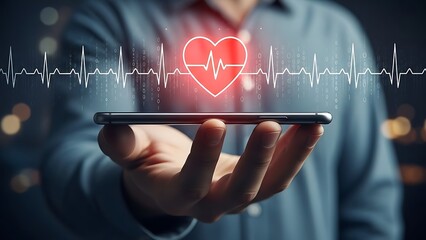 Man holding smartphone with heart rate graphic on screen
