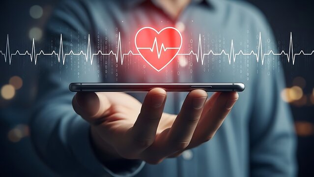 Man holding smartphone with heart rate graphic on screen - Powered by Adobe