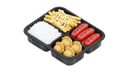 Prepared Meal: Fries, Rice, Sausages, and Dumplings in a Tray