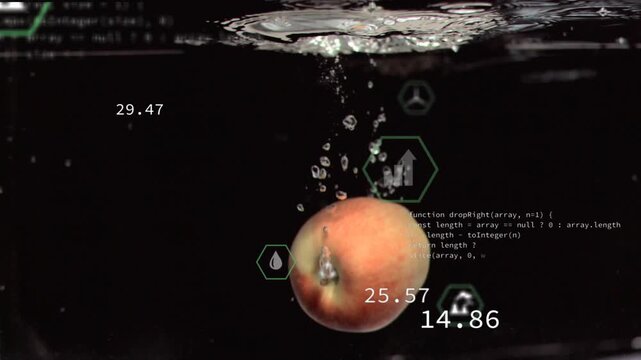 Peach fruit entering water, piercing surface, sinking as bubbles rising and icons updating metrics