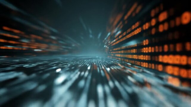 Abstract representation of digital data flowing through a futuristic space, showcasing vibrant orange binary code against a dark background, evoking a sense of speed and technology