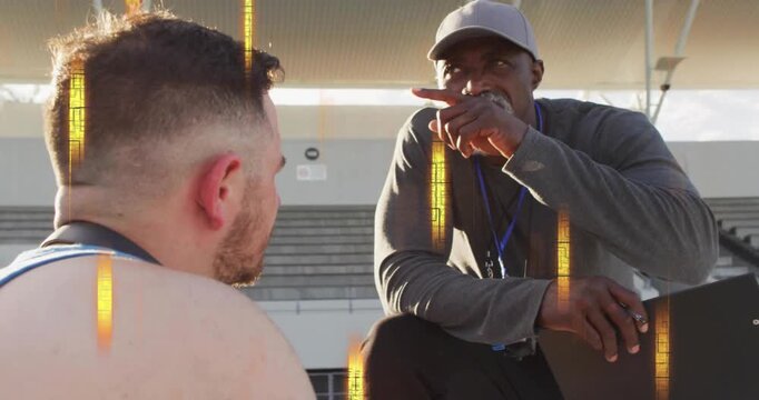 Coach tapping clipboard, instructing seated athlete in sports, with animated arrows correcting form