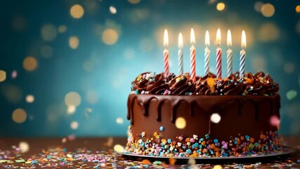 A beautifully decorated chocolate birthday cake with colorful sprinkles and lit candles, set against a blurred blue background with shimmering confetti, perfect for celebration themes