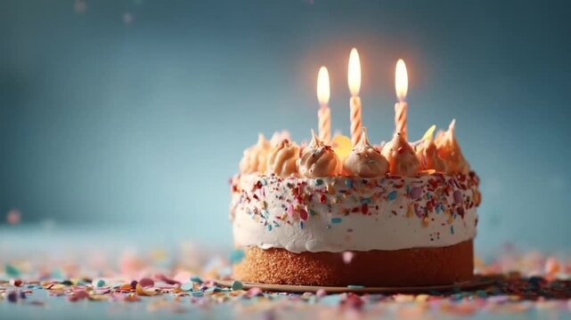 A beautifully decorated birthday cake with colorful sprinkles and lit candles, surrounded by festive confetti, set against a soft blue background, perfect for celebrations and party themes