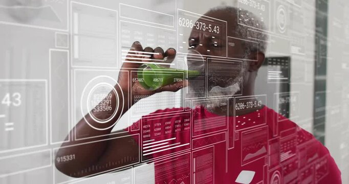 Man raising glass to lips, tasting green-liquid by doorway while tech HUD staying fixed to camera