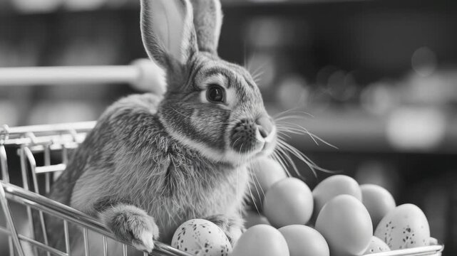 A rabbit is sitting on top of some chicken eggs inside of a wire basket. The background is blurred but appears to be an indoor setting with lights shining brightly.