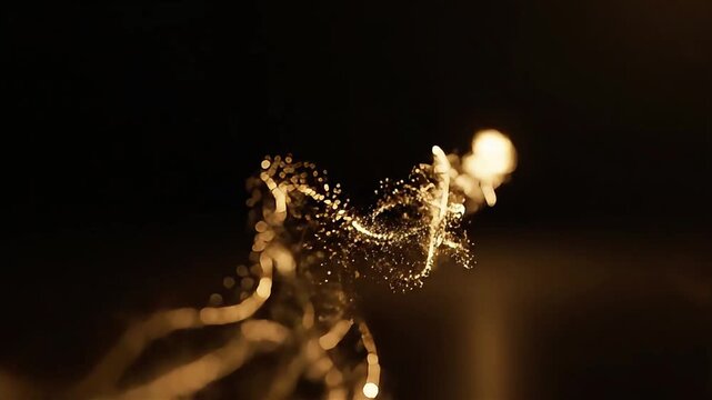 Dynamic flowing gold particle stream morphing and glowing against a dark background creating a mesmerizing visual effect