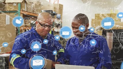 Two workers tapping tablet, typing laptop in warehouse, initiating overlay and coordinating stock - Powered by Adobe