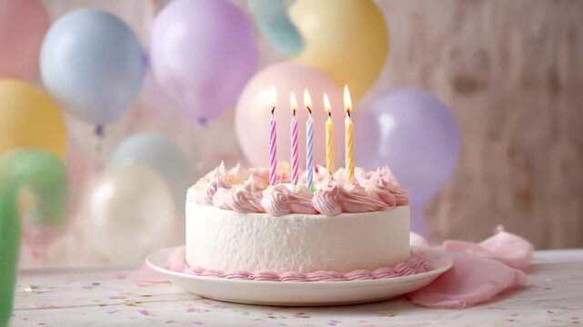 A beautifully decorated birthday cake with colorful candles, set against a backdrop of pastel balloons and soft lighting, creating a festive atmosphere perfect for celebrations