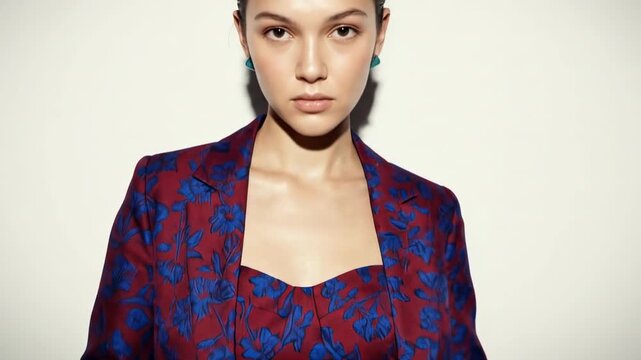 florals outfit - A woman poses confidently in a vibrant, floral-patterned two-piece suit featuring a cropped top and blazer, showcasing bold colors against a simple background