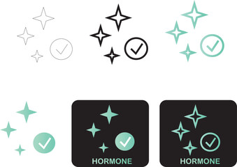 Minimalist Vector Icon Set Representing Hormone Balance, Cleanliness, and Verified Purity with Sparkle and Checkmark Elements for Wellness Design