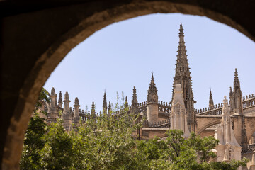 Obraz premium Afternoon sun shines on a historic cathedral in the heart of the city center of Seville, Andalusia, Spain.